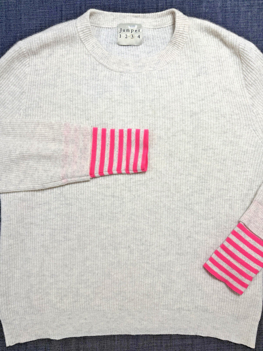 Jumper 1234 Cashmere Sweater Gray Neon Pink Striped Cuff Ribbed Knit Sz 3 Lg